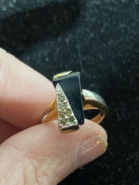 Vintage HGE 18K Gold Plated Black Onyx  Ring with Rhinestones